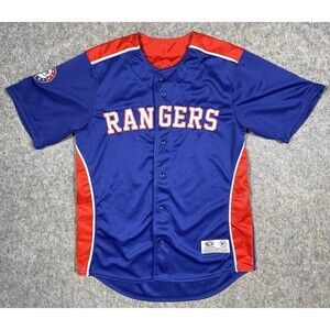 Texas Rangers True Fan MLB Jersey Button Up Shirt Blue Red Size Medium